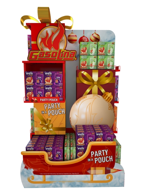 custom end cap displays Gasolina Party in a Pouch